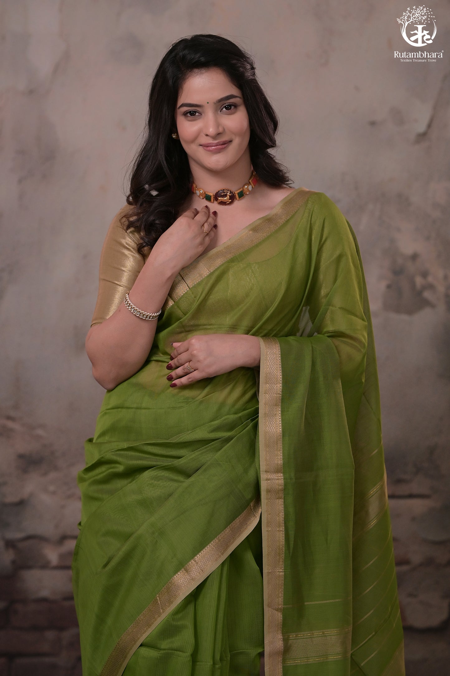 Narmaa - Green With Small Lehar Border Silk Cotton Saree