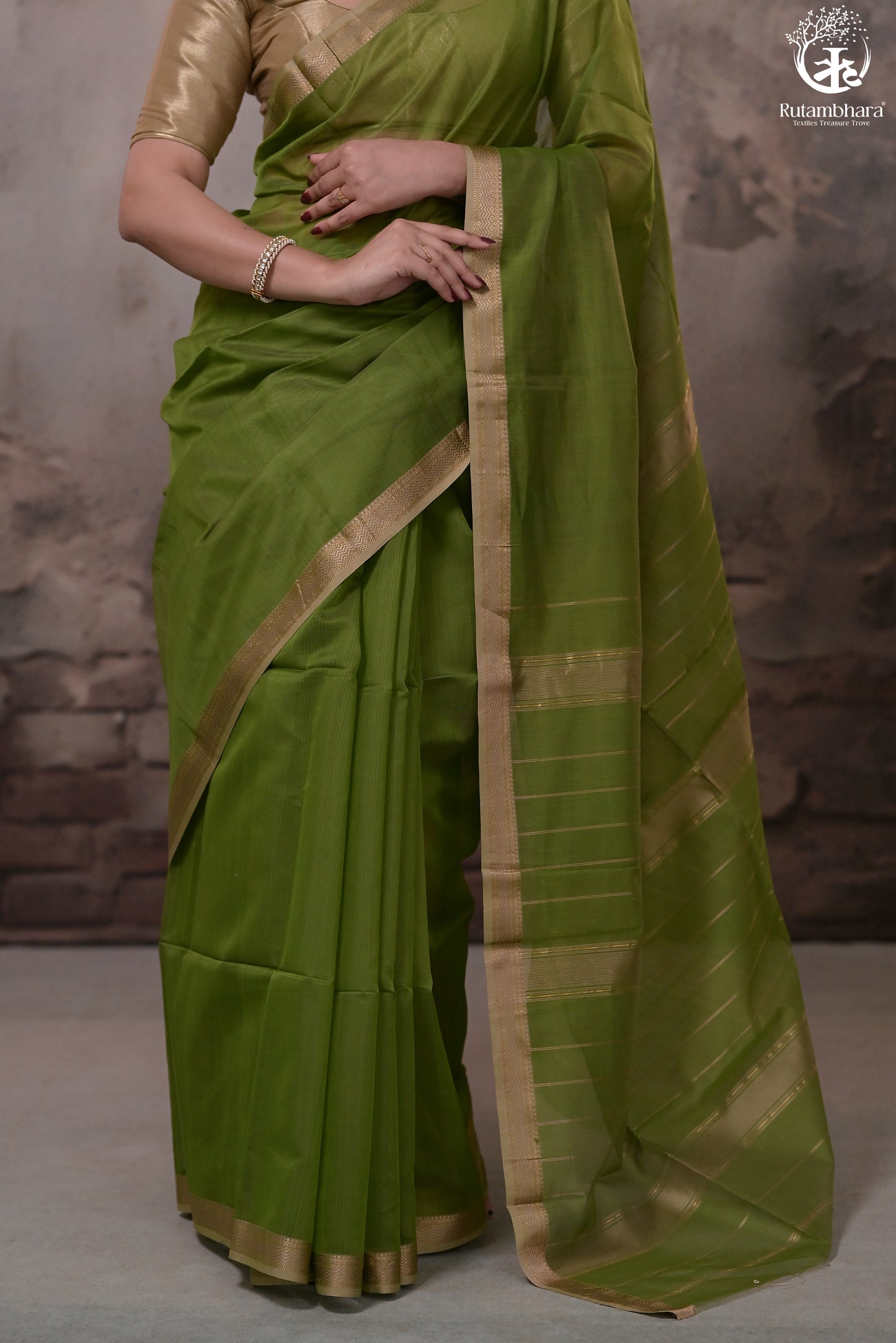 Narmaa - Green With Small Lehar Border Silk Cotton Saree
