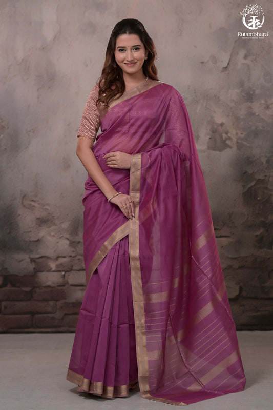 Narmaa - Pastel Magenta With Small Lehar Border Silk Cotton Saree
