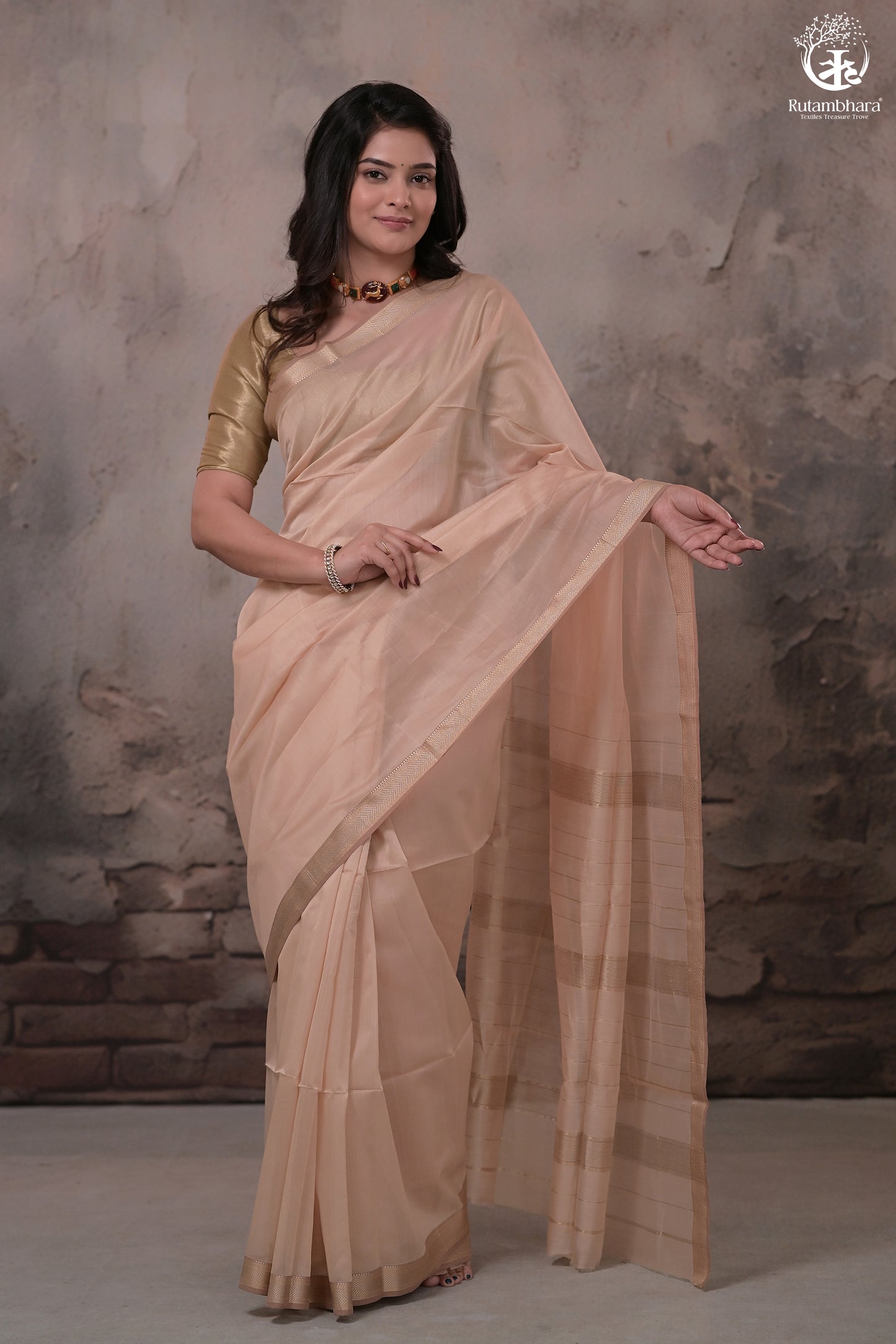 Narmaa - Beige With Small Chevron Border Silk Cotton Saree