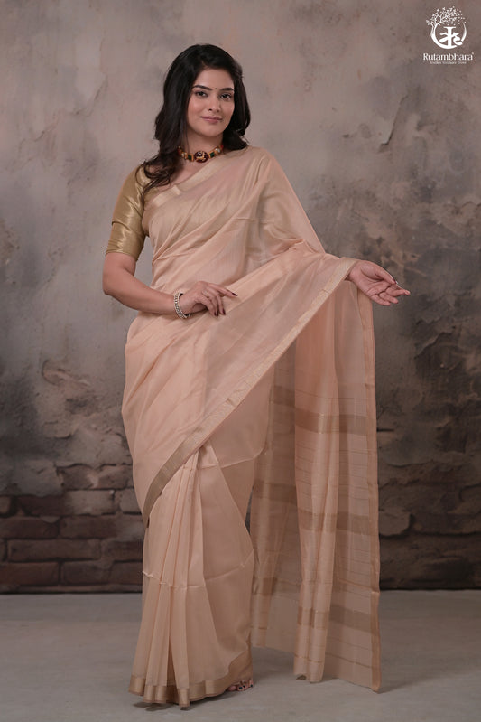 Narmaa - Beige With Small Chevron Border Silk Cotton Saree