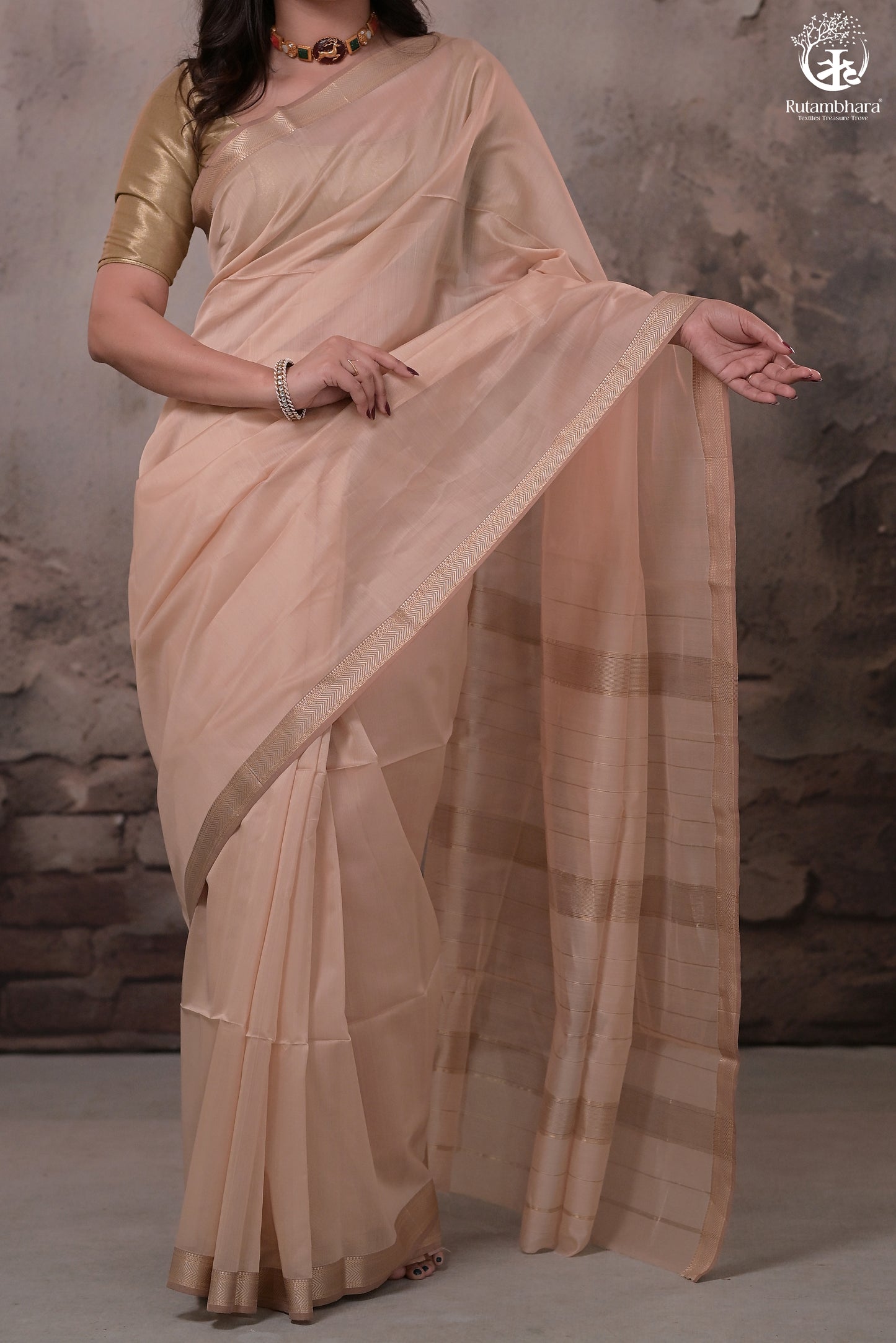 Narmaa - Beige With Small Chevron Border Silk Cotton Saree