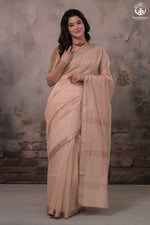 Narmaa - Beige With Small Chevron Border Silk Cotton Saree-Rutambhara-RUTAMBHARA