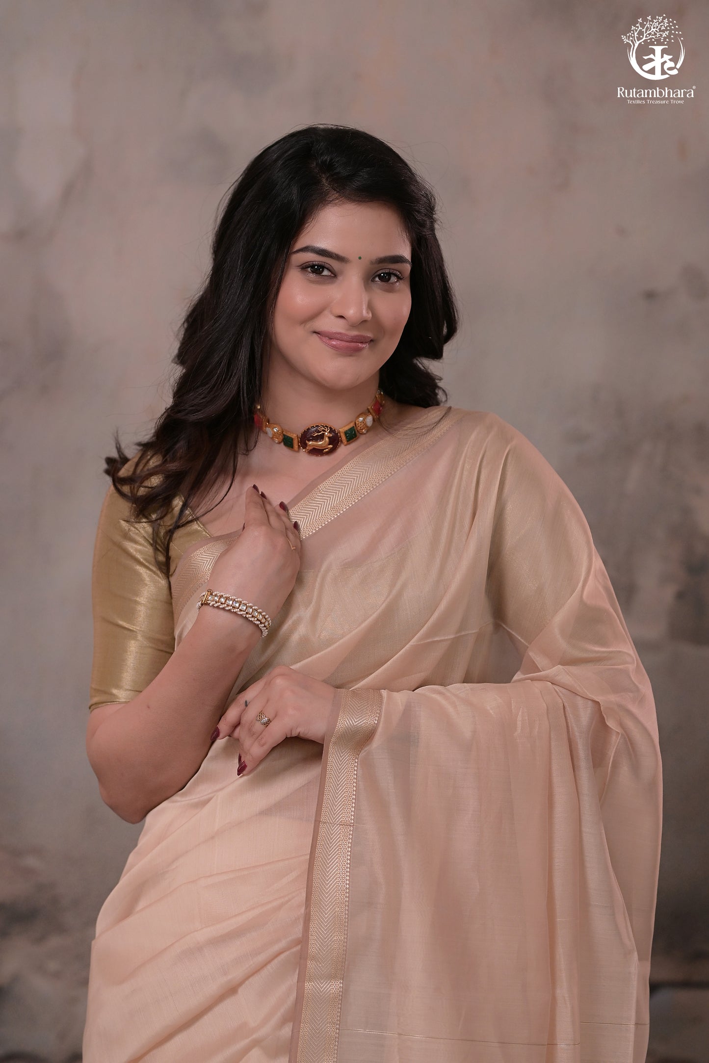 Narmaa - Beige With Small Chevron Border Silk Cotton Saree