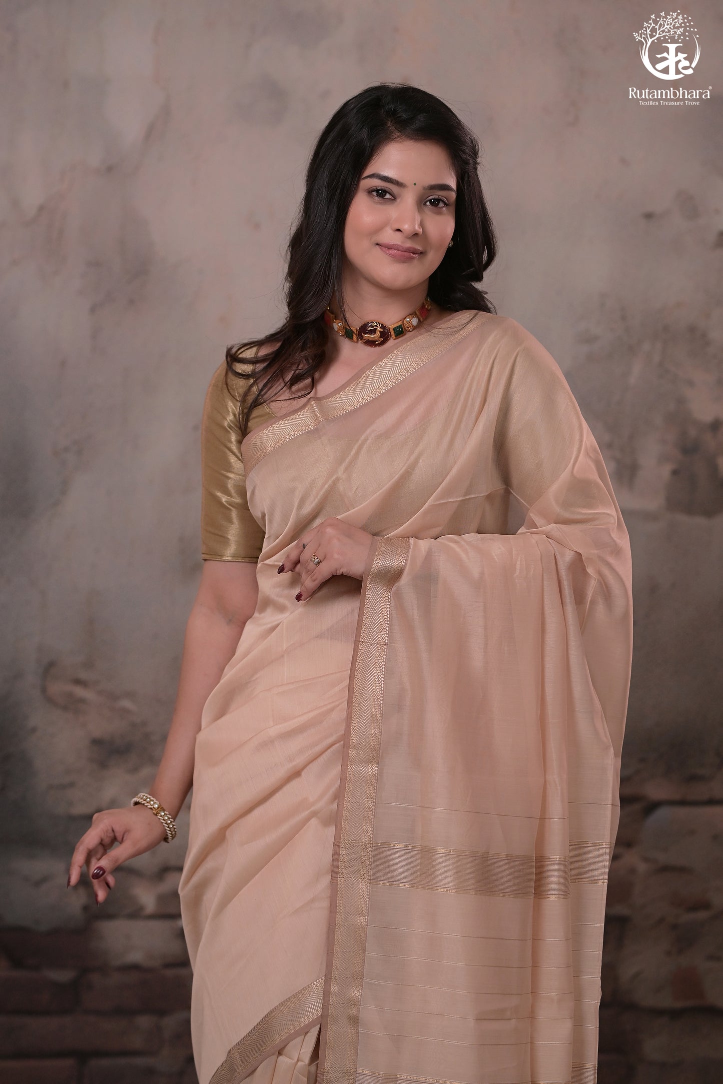 Narmaa - Beige With Small Chevron Border Silk Cotton Saree