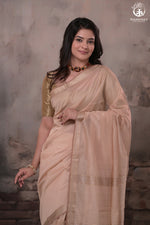 Narmaa - Beige With Small Chevron Border Silk Cotton Saree-Rutambhara-RUTAMBHARA