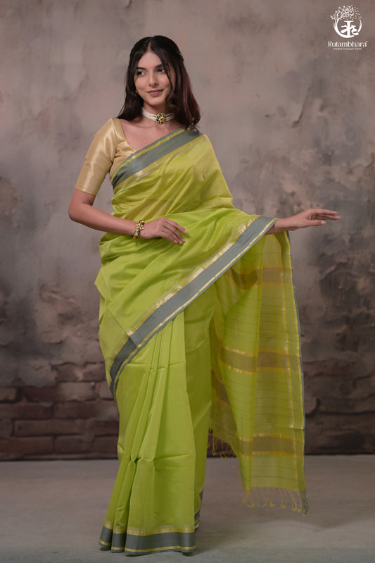 Narmaa - Parrot Green With Small Resham Chatai Border Silk Cotton Saree