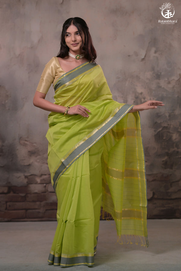 Narmaa - Parrot Green With Small Resham Chatai Border Silk Cotton Saree-Rutambhara-RUTAMBHARA