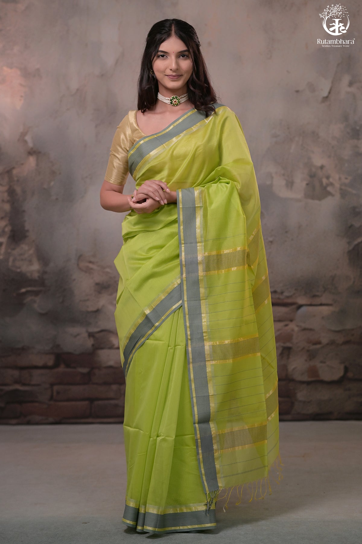 Narmaa - Parrot Green With Small Resham Chatai Border Silk Cotton Saree
