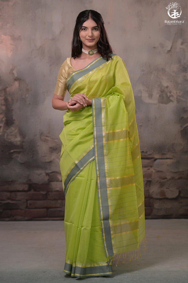 Narmaa - Parrot Green With Small Resham Chatai Border Silk Cotton Saree-Rutambhara-RUTAMBHARA