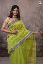 Narmaa - Parrot Green With Small Resham Chatai Border Silk Cotton Saree-Rutambhara-RUTAMBHARA