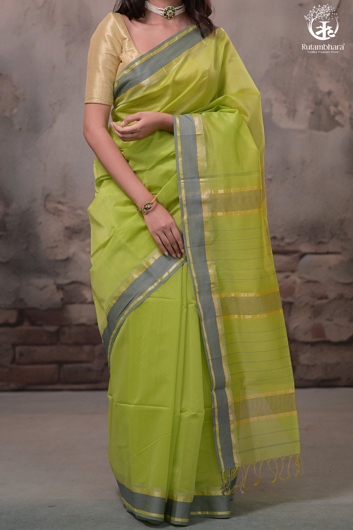 Narmaa - Parrot Green With Small Resham Chatai Border Silk Cotton Saree