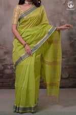 Narmaa - Parrot Green With Small Resham Chatai Border Silk Cotton Saree-Rutambhara-RUTAMBHARA
