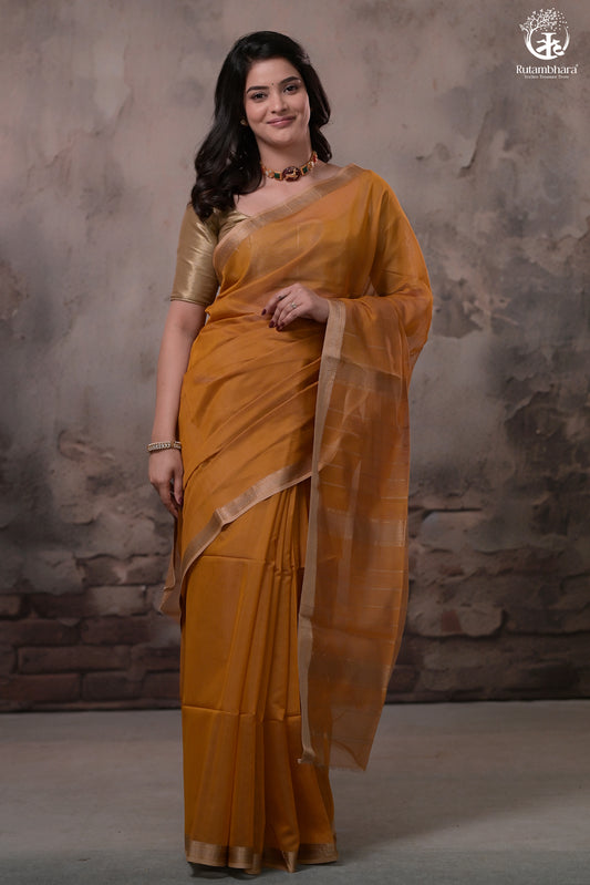 Narmaa - Mustard Yellow With Small Lehar Border Silk Cotton Saree