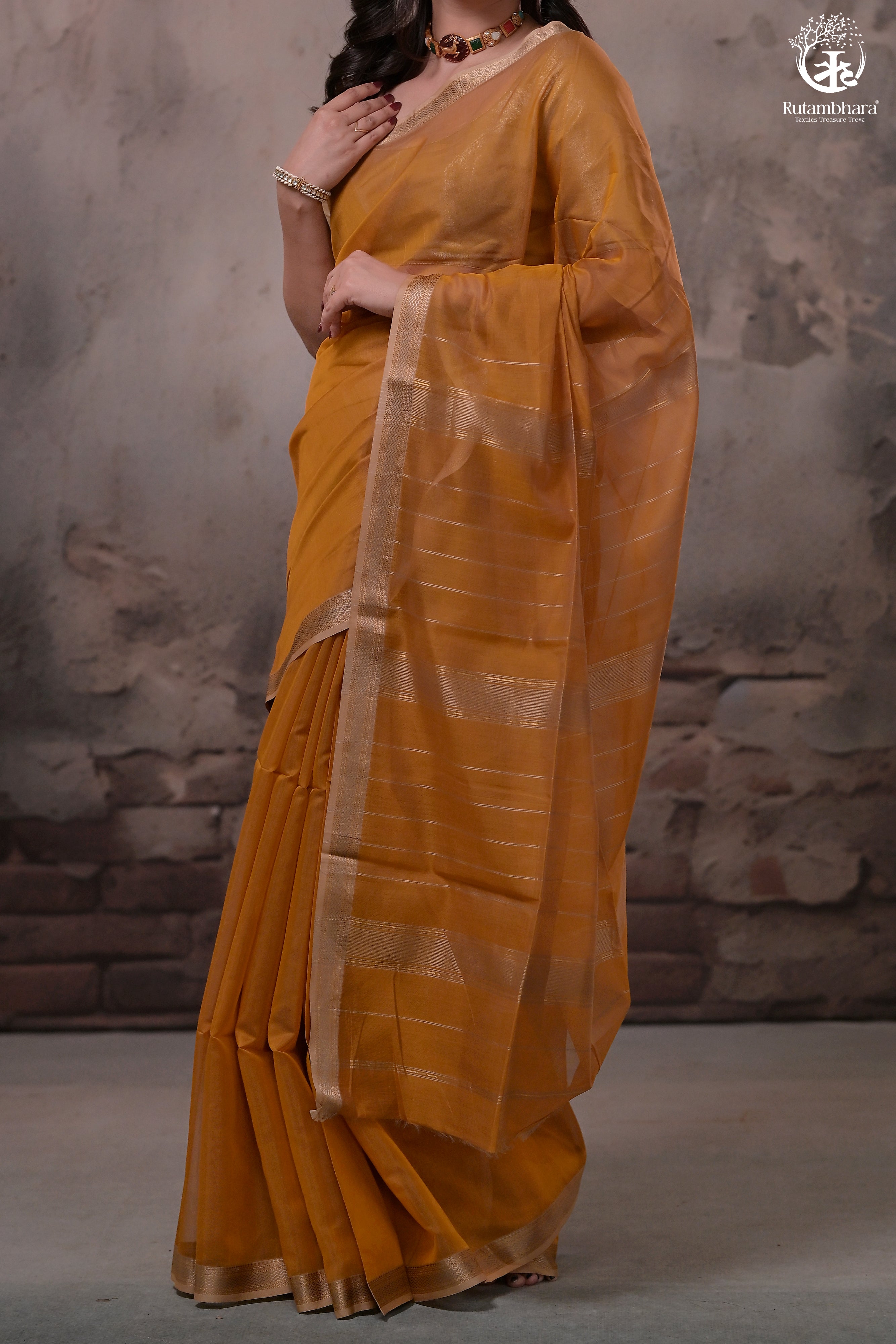 Narmaa - Mustard Yellow With Small Lehar Border Silk Cotton Saree