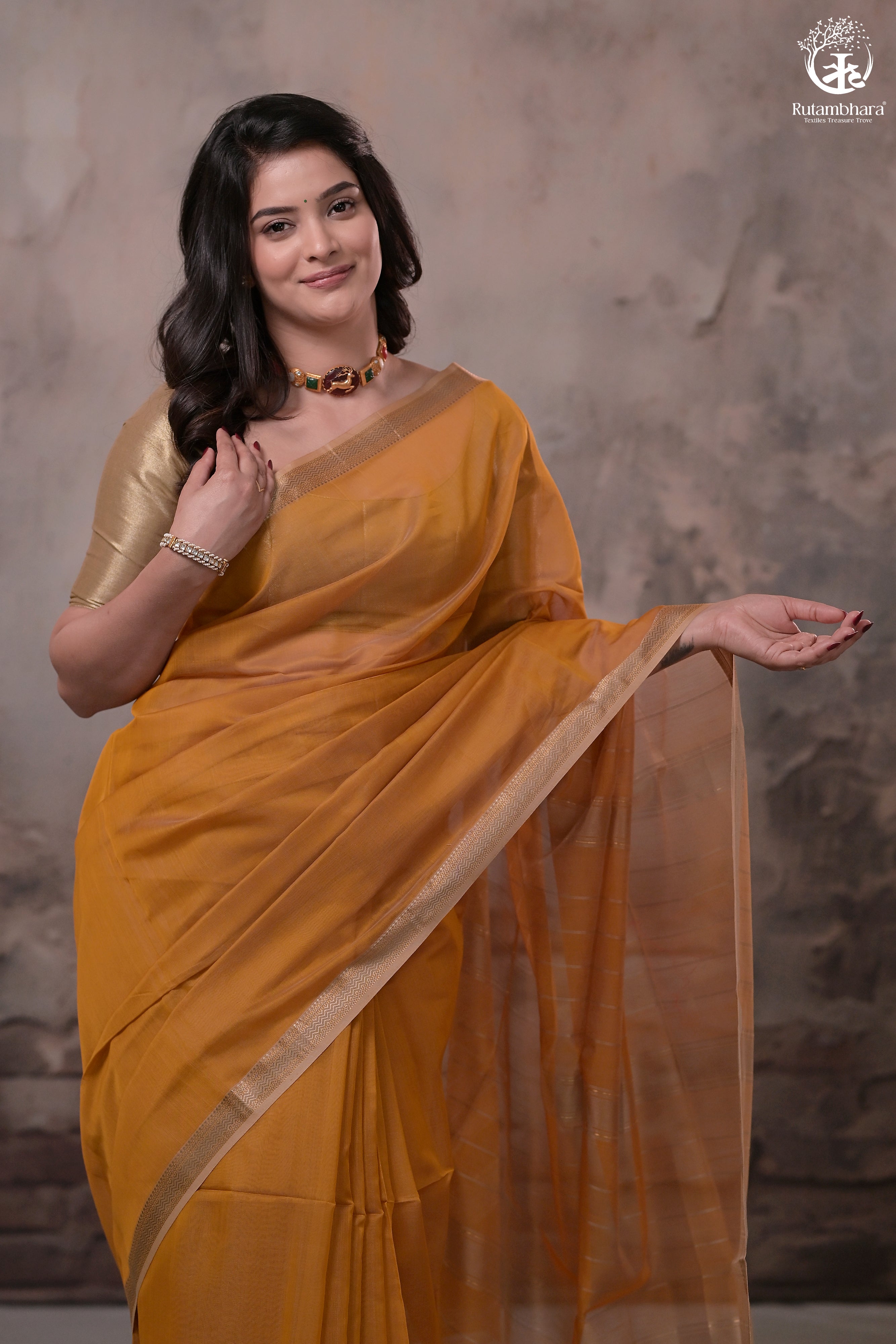 Narmaa - Mustard Yellow With Small Lehar Border Silk Cotton Saree