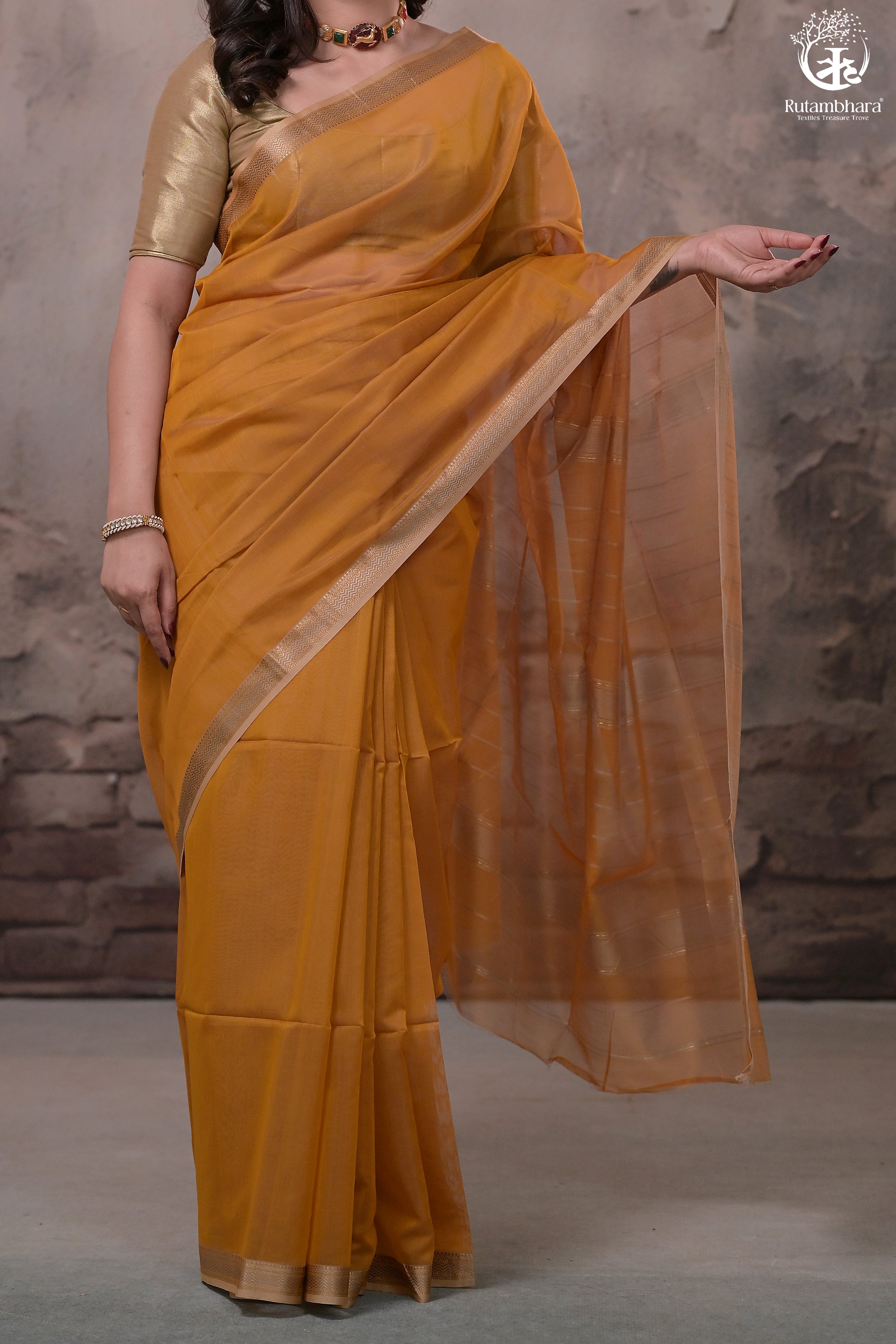 Narmaa - Mustard Yellow With Small Lehar Border Silk Cotton Saree