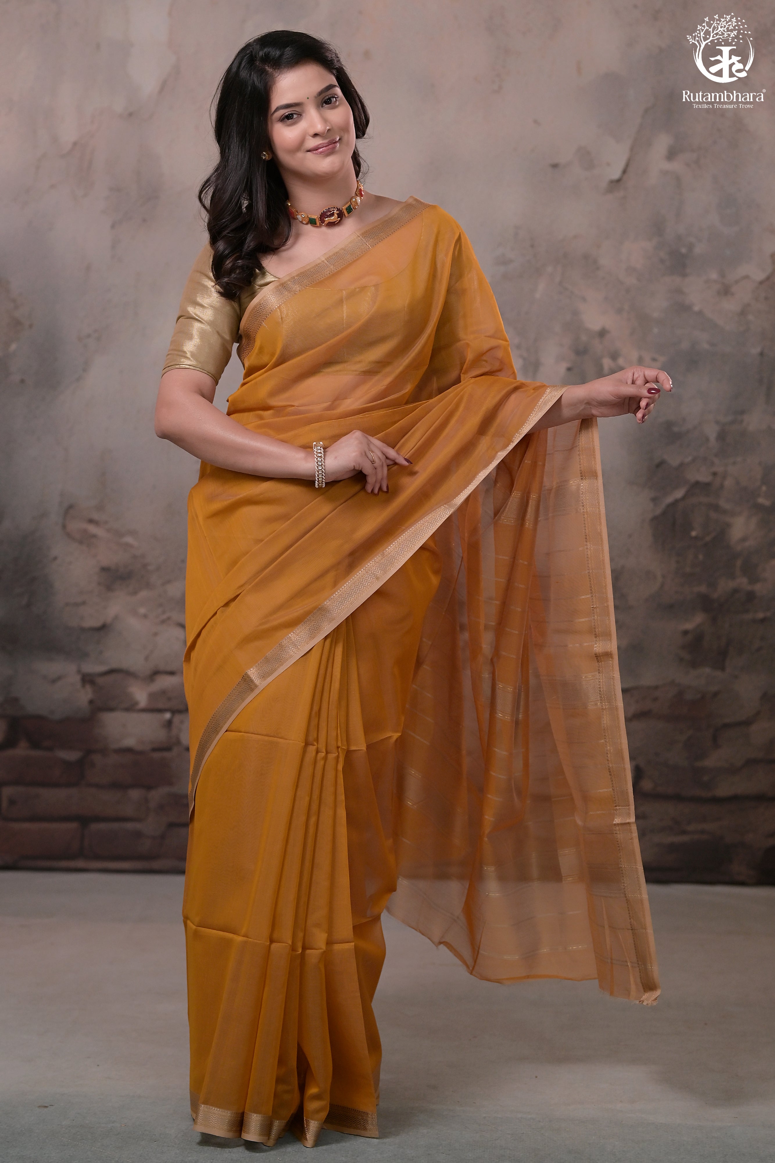 Narmaa - Mustard Yellow With Small Lehar Border Silk Cotton Saree