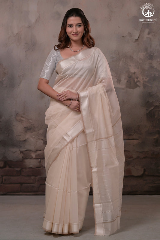 Narmaa - Beige With Resham Chatai Border Silk Cotton Saree
