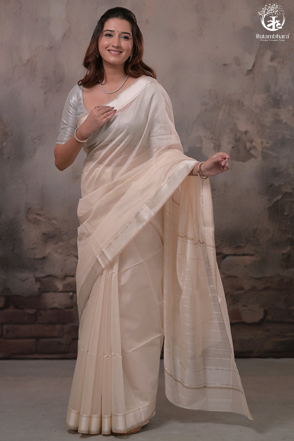 Narmaa - Beige With Resham Chatai Border Silk Cotton Saree-Rutambhara-RUTAMBHARA