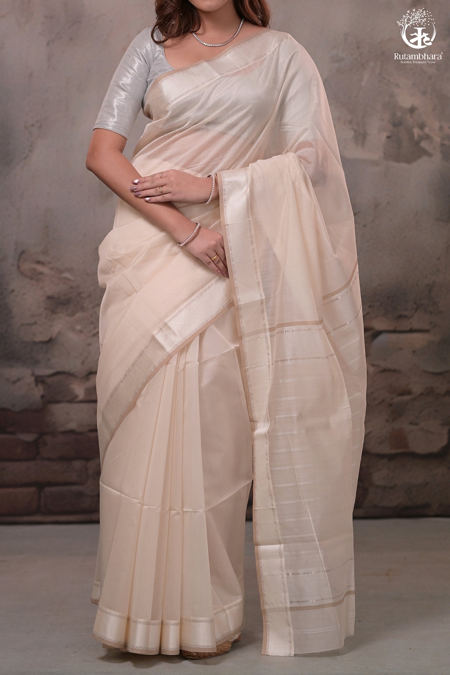 Narmaa - Beige With Resham Chatai Border Silk Cotton Saree