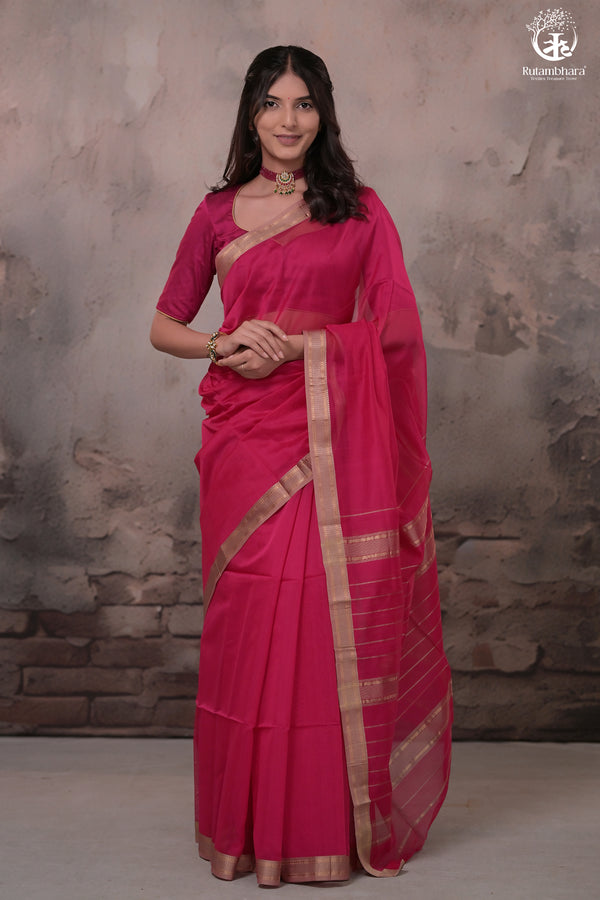 Narmaa - Rani Pink With Small Lehar Border Silk Cotton Saree-Rutambhara-RUTAMBHARA