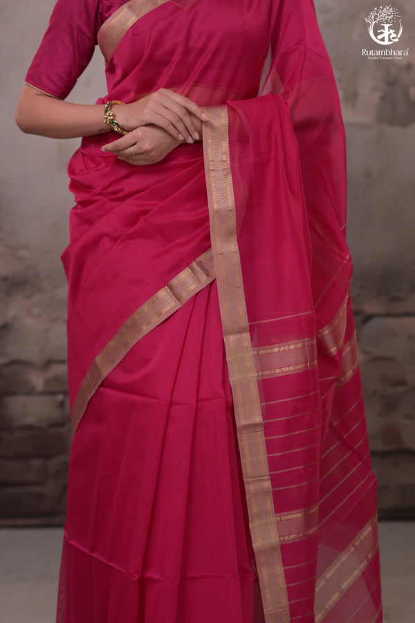 Narmaa - Rani Pink With Small Lehar Border Silk Cotton Saree-Rutambhara-RUTAMBHARA