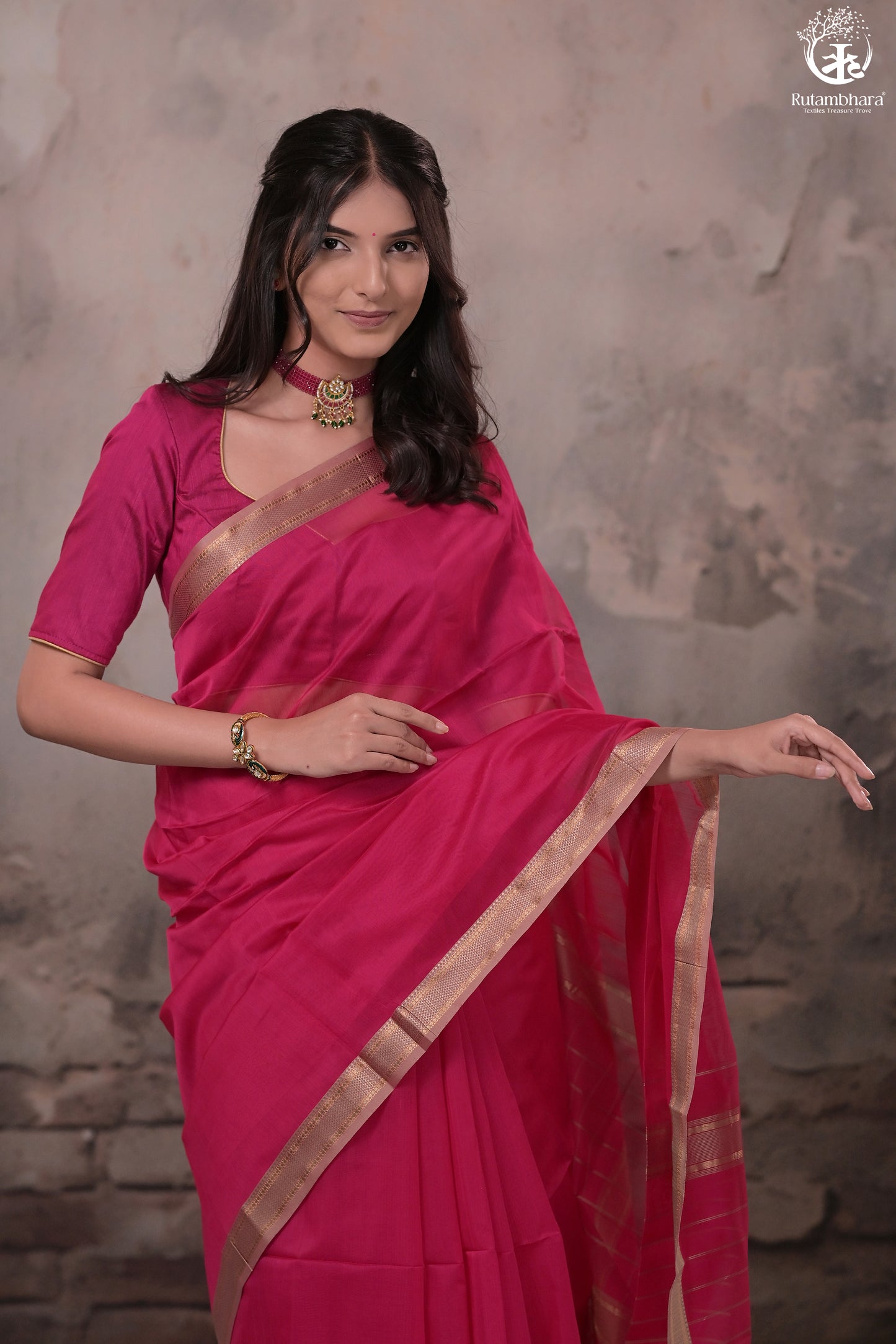 Narmaa - Rani Pink With Small Lehar Border Silk Cotton Saree