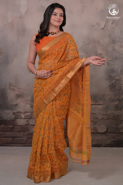 Siyahi - Mustard Orange Handwoven Hand Block Printed Gold Zari Border Cotton Saree-Rutambhara-RUTAMBHARA