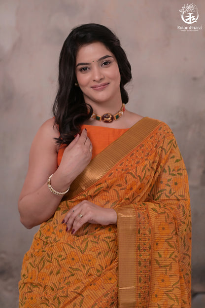Siyahi - Mustard Orange Handwoven Hand Block Printed Gold Zari Border Cotton Saree-Rutambhara-RUTAMBHARA