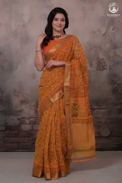 Siyahi - Mustard Orange Handwoven Hand Block Printed Gold Zari Border Cotton Saree-Rutambhara-RUTAMBHARA