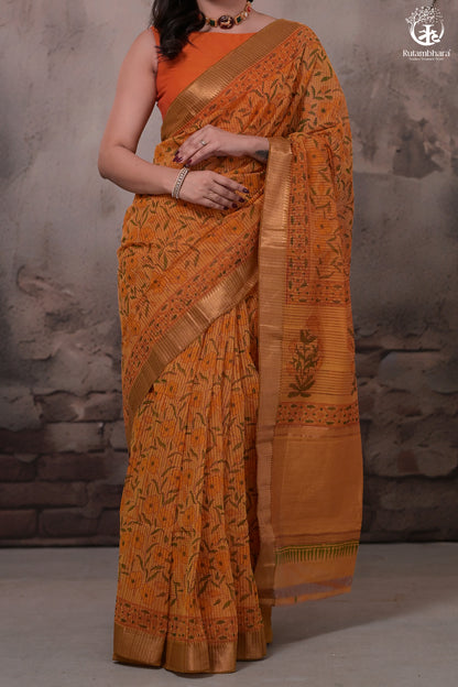 Siyahi - Mustard Orange Handwoven Hand Block Printed Gold Zari Border Cotton Saree-Rutambhara-RUTAMBHARA