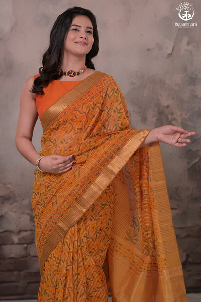 Siyahi - Mustard Orange Handwoven Hand Block Printed Gold Zari Border Cotton Saree-Rutambhara-RUTAMBHARA