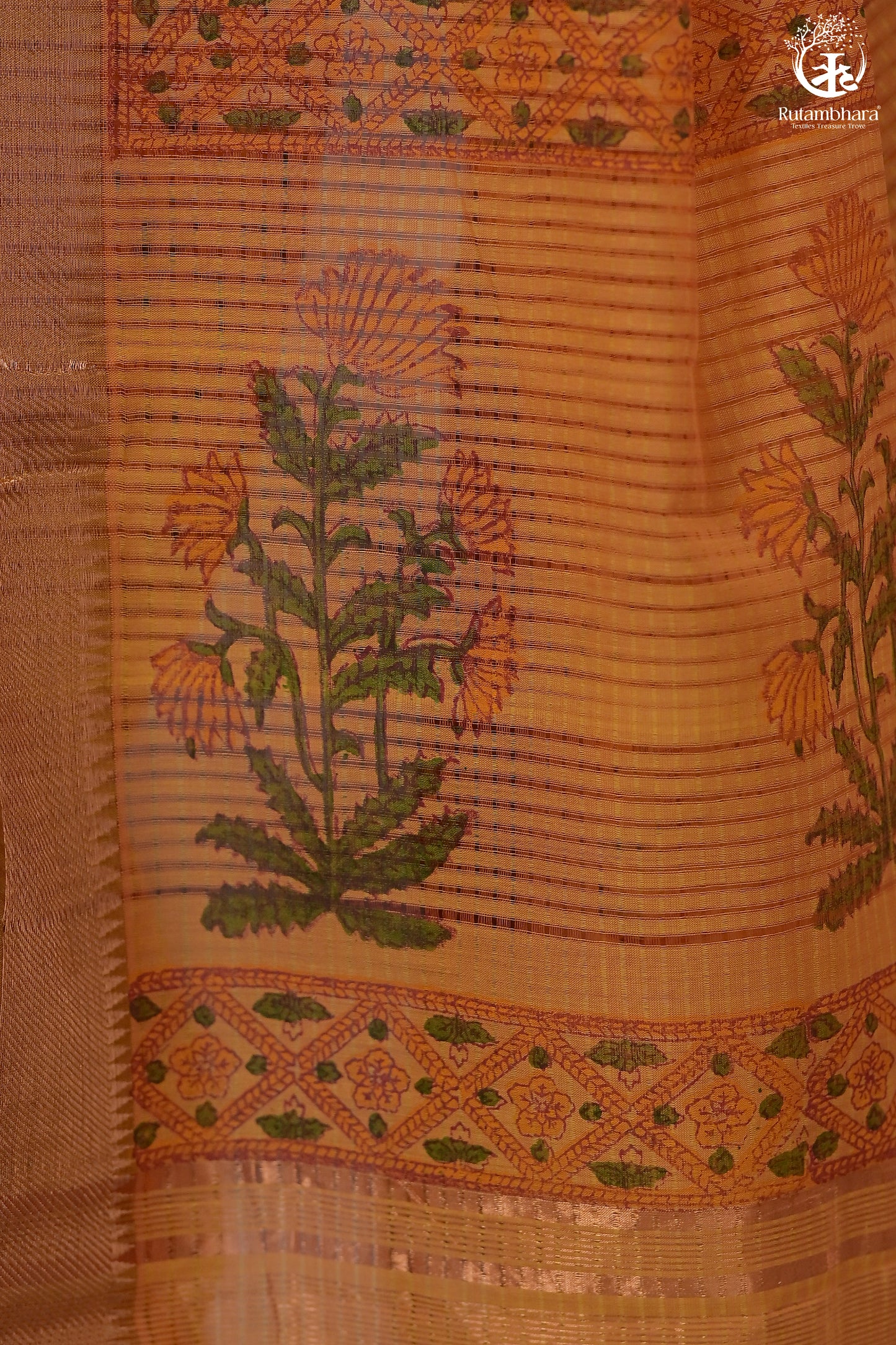Siyahi - Mustard Orange Handwoven Hand Block Printed Gold Zari Border Cotton Saree