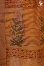 Siyahi - Mustard Orange Handwoven Hand Block Printed Gold Zari Border Cotton Saree-Rutambhara-RUTAMBHARA