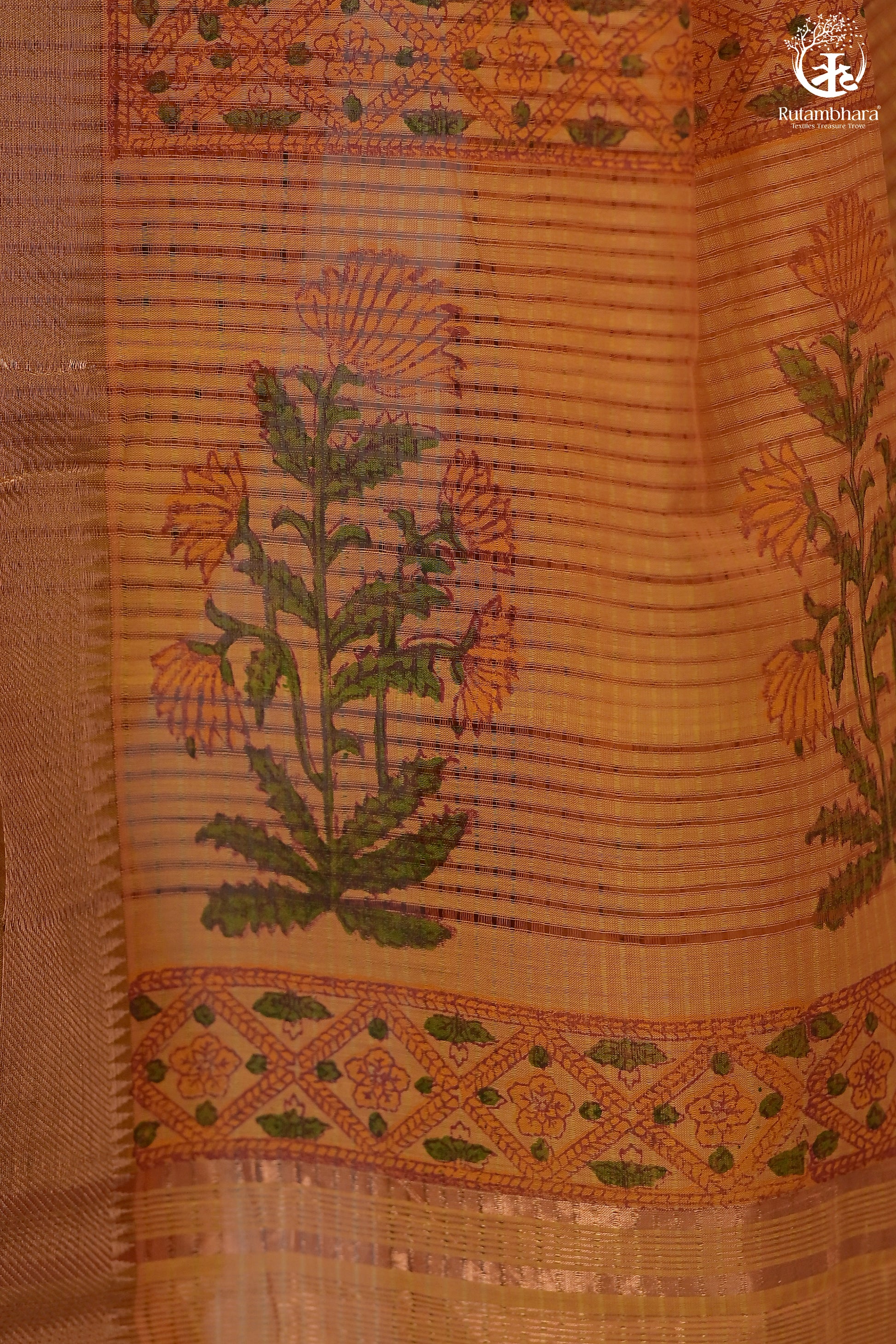 Siyahi - Mustard Orange Handwoven Hand Block Printed Gold Zari Border Cotton Saree-Rutambhara-RUTAMBHARA
