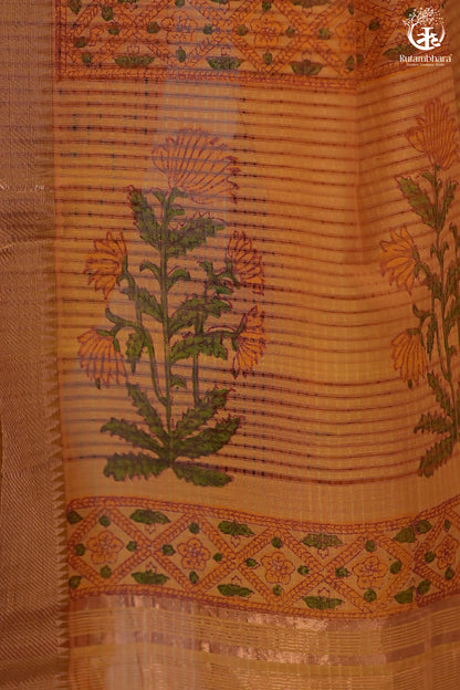 Siyahi - Mustard Orange Handwoven Hand Block Printed Gold Zari Border Cotton Saree-Rutambhara-RUTAMBHARA