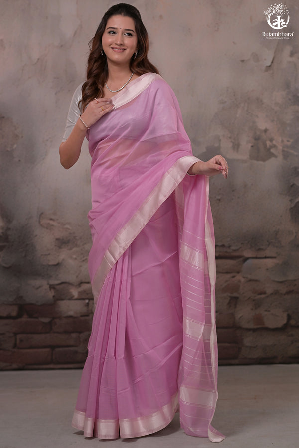 Narmaa - Pastel Mauve Pink With Resham Chevron Border Silk Cotton Saree-Rutambhara-RUTAMBHARA
