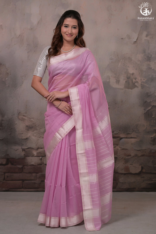 Narmaa - Pastel Mauve Pink With Resham Chevron Border Silk Cotton Saree
