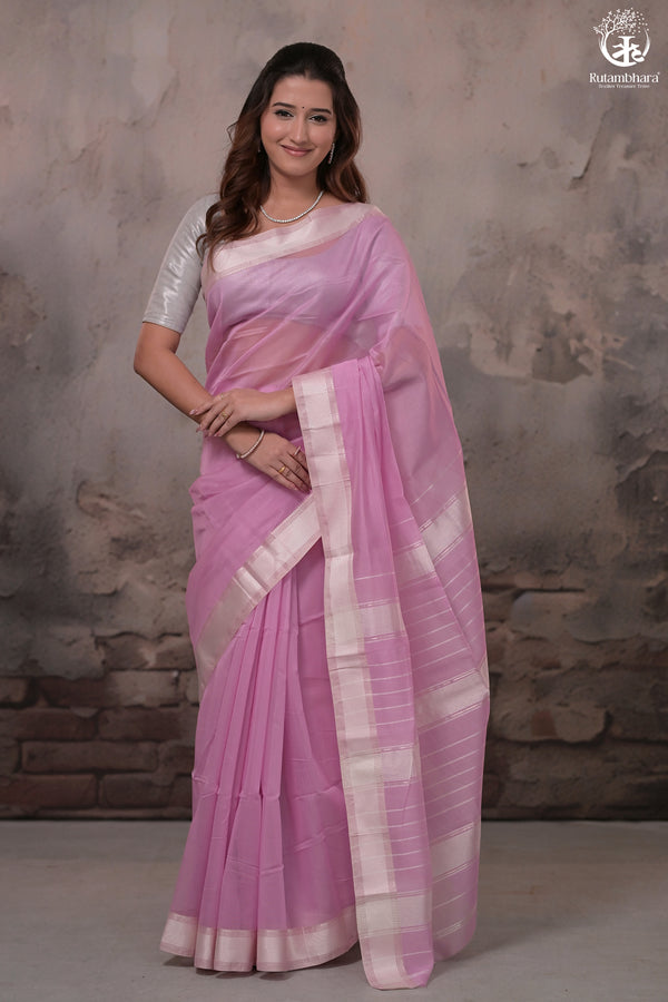 Narmaa - Pastel Mauve Pink With Resham Chevron Border Silk Cotton Saree-Rutambhara-RUTAMBHARA