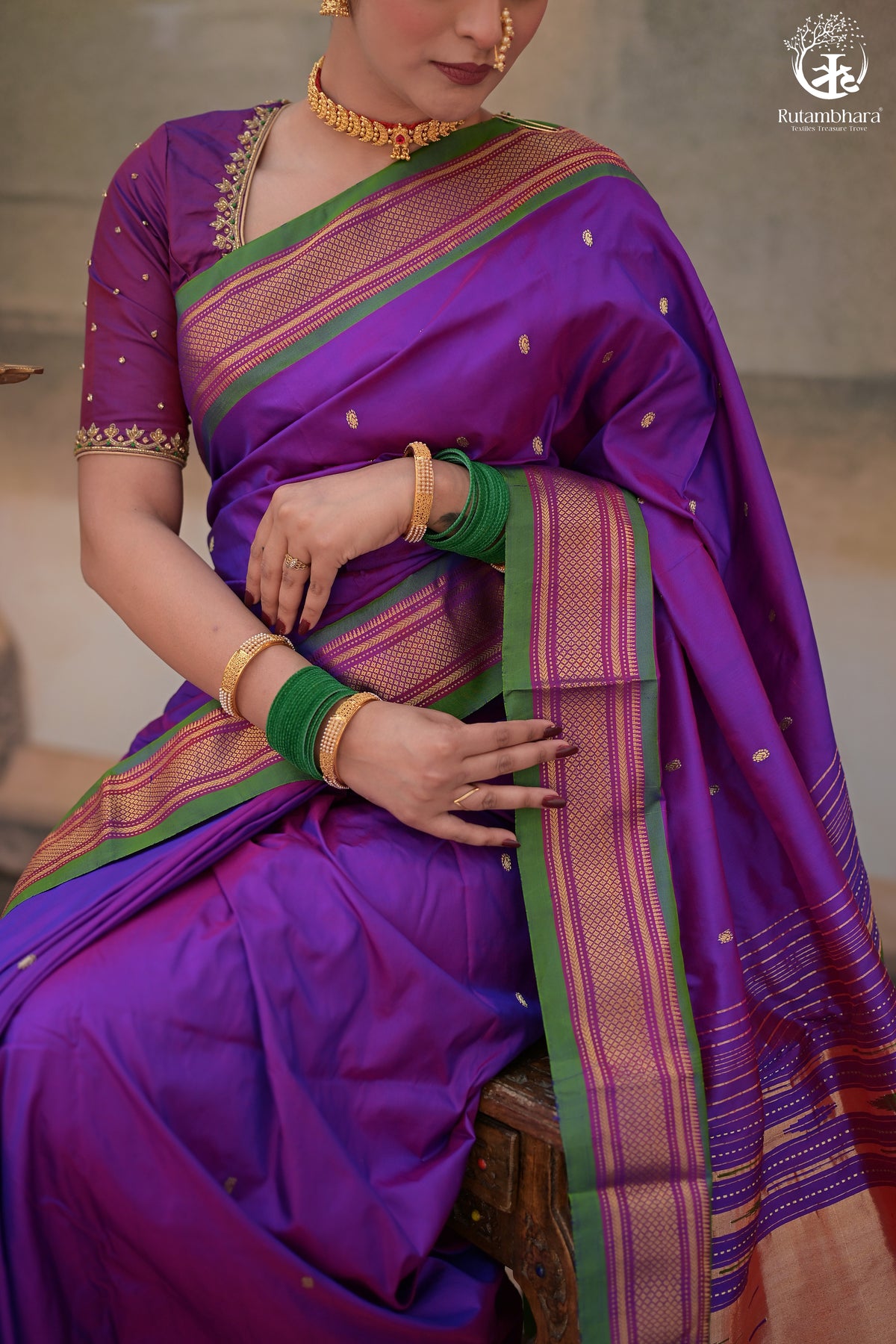 Purple Paithani Saree With Peacock Motif Traditional Brocade Double Pallu And Green Selvedge