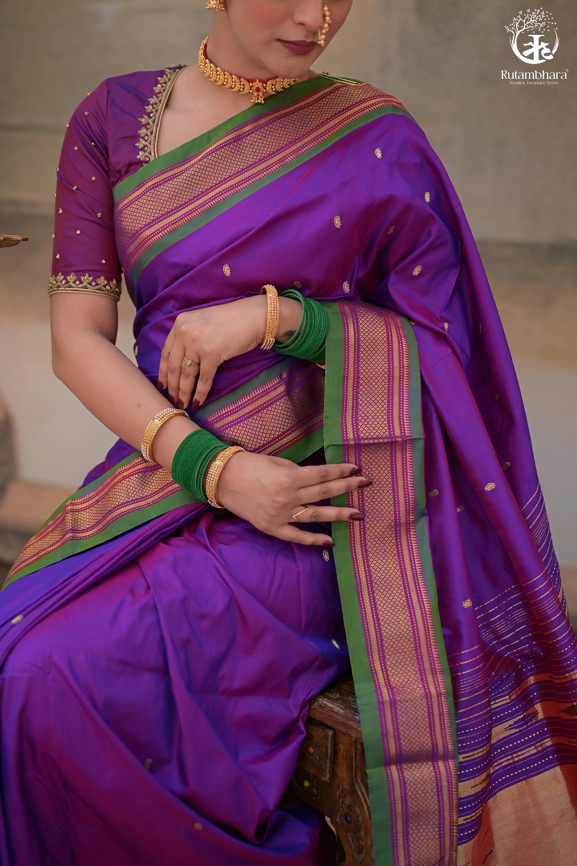 Purple Paithani Saree With Peacock Motif Traditional Brocade Double Pallu And Green Selvedge-Rutambhara-RUTAMBHARA