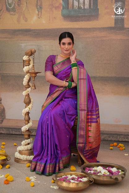 Purple Paithani Saree With Peacock Motif Traditional Brocade Double Pallu And Green Selvedge-Rutambhara-RUTAMBHARA