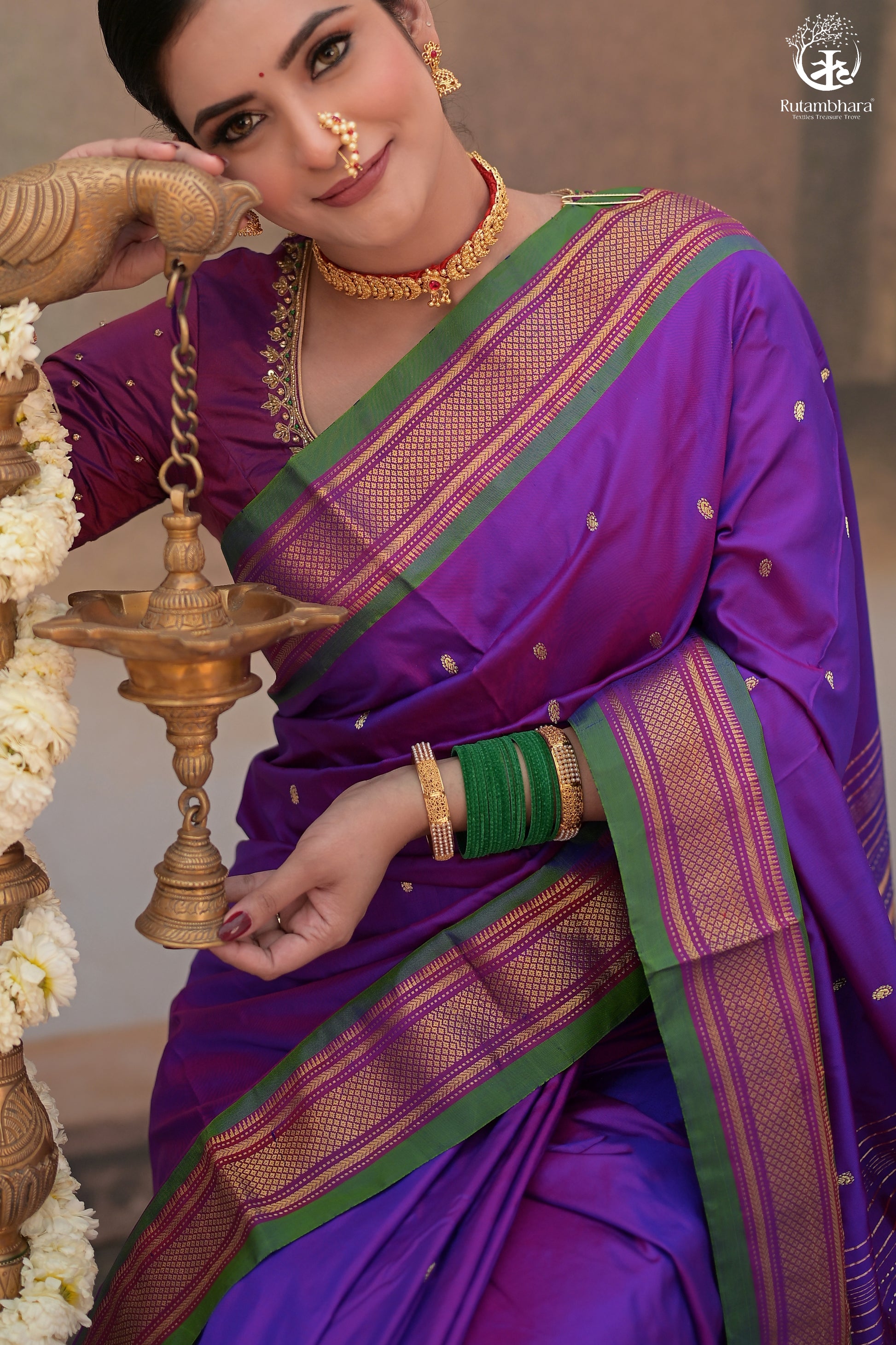 Purple Paithani Saree With Peacock Motif Traditional Brocade Double Pallu And Green Selvedge-Rutambhara-RUTAMBHARA