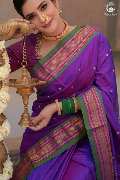 Purple Paithani Saree With Peacock Motif Traditional Brocade Double Pallu And Green Selvedge-Rutambhara-RUTAMBHARA