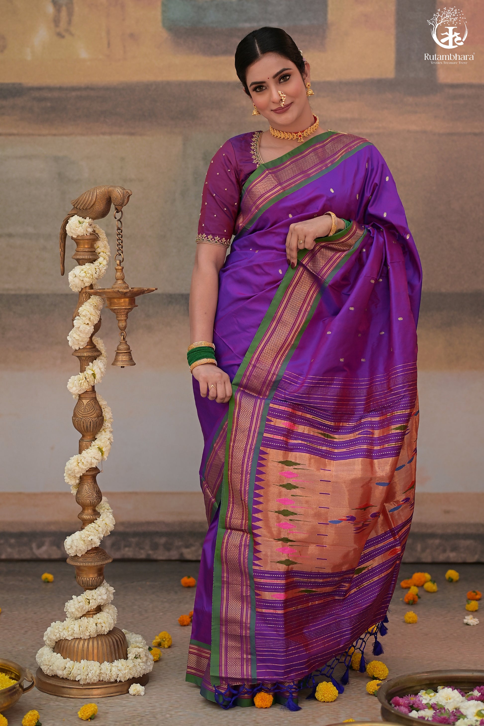 Purple Paithani Saree With Peacock Motif Traditional Brocade Double Pallu And Green Selvedge-Rutambhara-RUTAMBHARA
