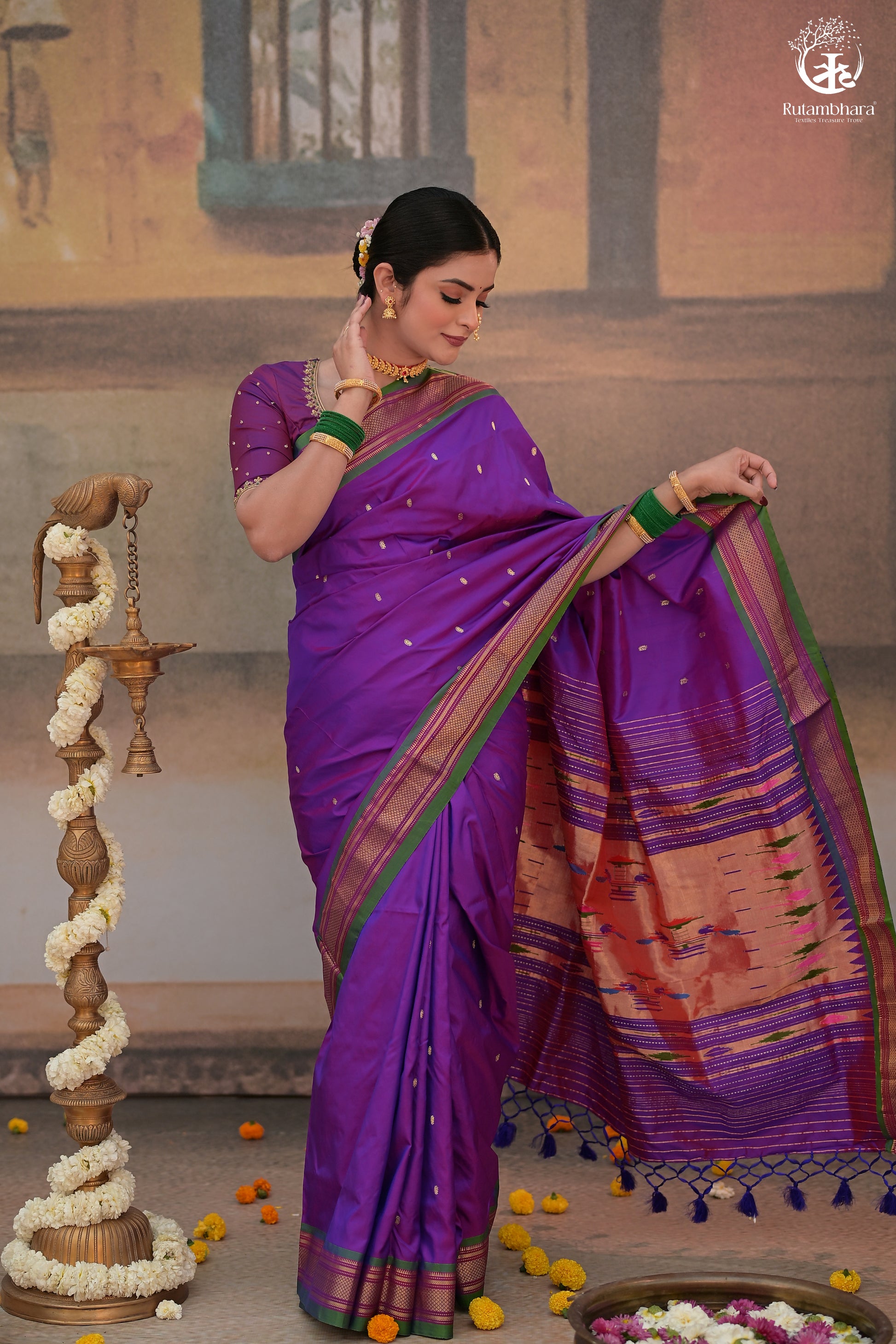 Purple Paithani Saree With Peacock Motif Traditional Brocade Double Pallu And Green Selvedge-Rutambhara-RUTAMBHARA