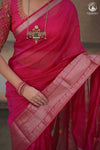 Bhadra - Pink Plain Handwoven Silk Cotton Saree With Silver Zari Kanchi Border