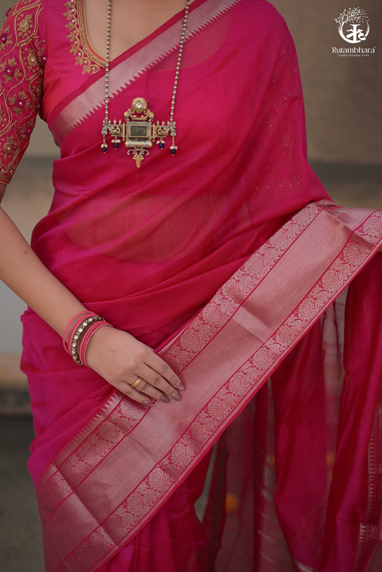 Bhadra - Pink Plain Handwoven Silk Cotton Saree With Silver Zari Kanchi Border
