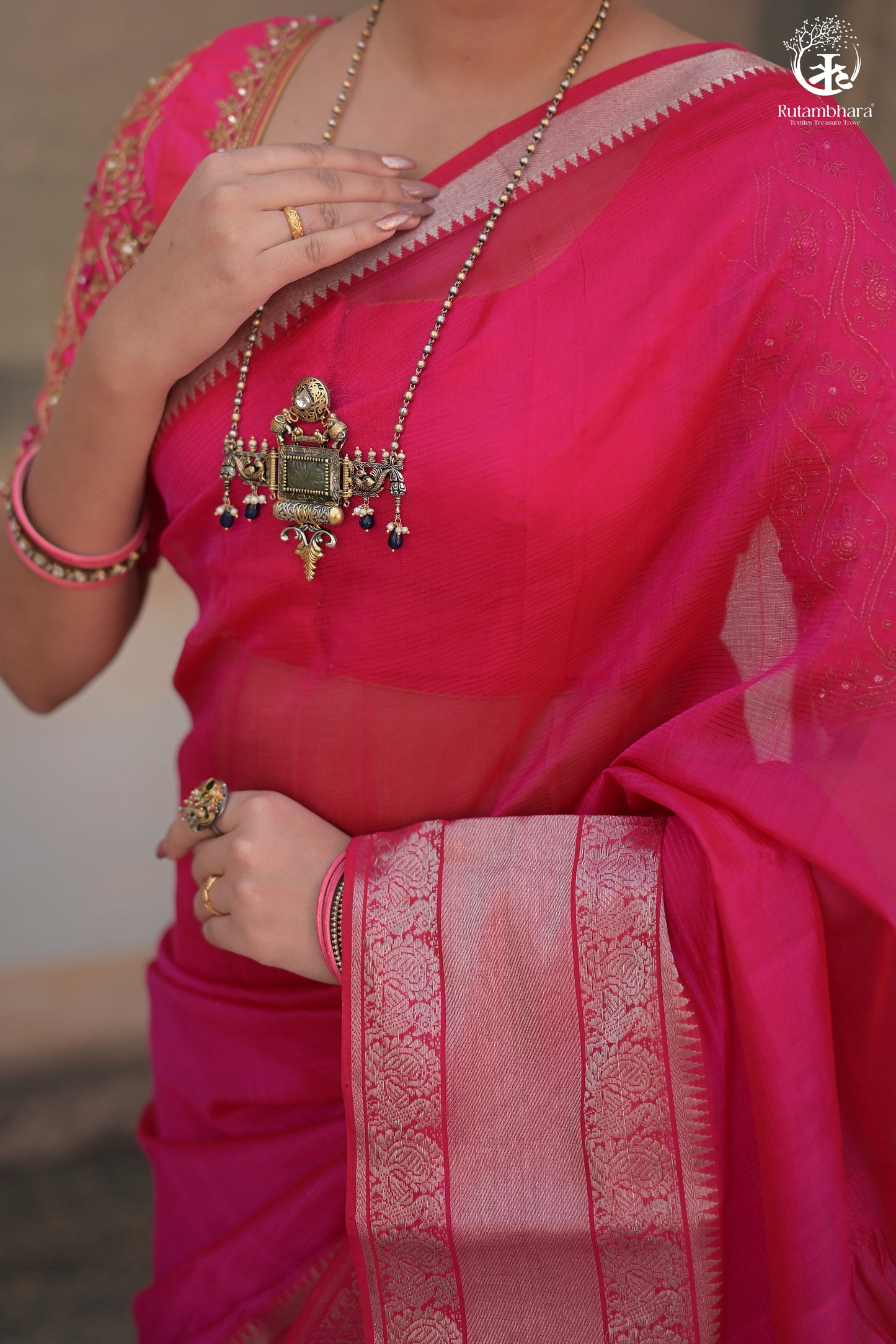 Bhadra - Pink Plain Handwoven Silk Cotton Saree With Silver Zari Kanchi Border